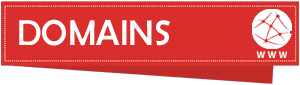 A small banner with red background color, text displaying Domains, and a small white globe with www written underneath it
