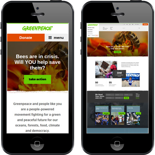 A comparison of the responsive web design for the Greenpeace website. The correct mobile rendering is displayed on the left and is compared to what the rendering would look like if the website did not have a responsive design (right). Two black iPhones displaying a responsive web design and a non-responsive web design version of the same website for comparison.