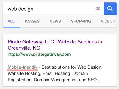 A screenshot of a Google search result displaying the information that the website is mobile-friendly.