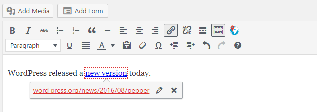 WordPress 4.6 Inline Link Checker The Inline Link Checker displaying a link error while a post is being edited in WordPress 4.6.