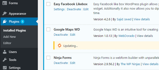 WordPress 4.6 Streamlined Updates A WordPress plugin updating without page refreshes, demonstrating the new streamlined update process in WordPress 4.6.